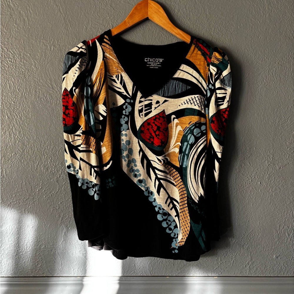 Chico’s | Puff Sleeve Colorful Print Elevated Tee | Size 1